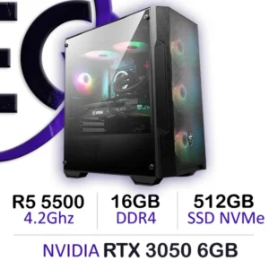 PC Gamer with AMD R5 5500, RTX 3050 6GB, 16GB RAM, and 512GB SSD RGB case