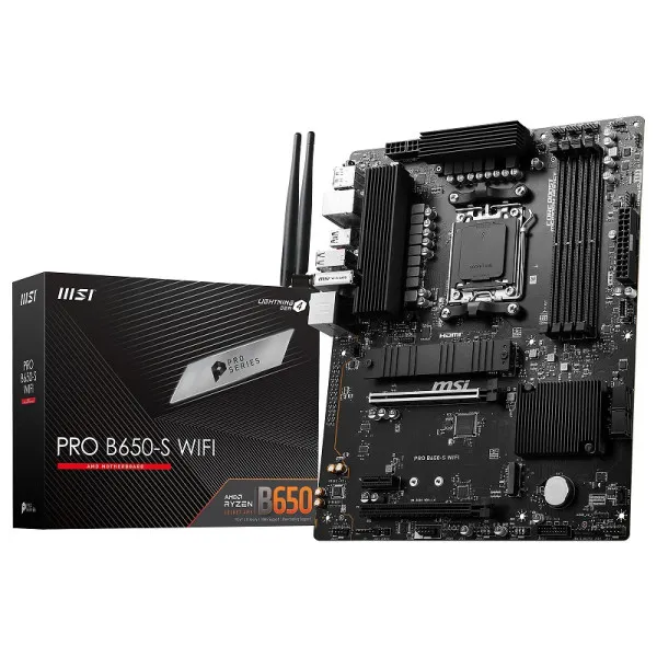 MSI PRO B650-S WIFI Motherboard with AM5 socket, DDR5 support, and built-in WiFi 6E