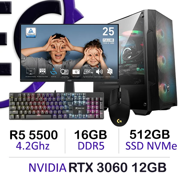 Complete Gaming Setup Ryzen 5 5500 RTX 3060 16GB DDR4 512GB NVMe