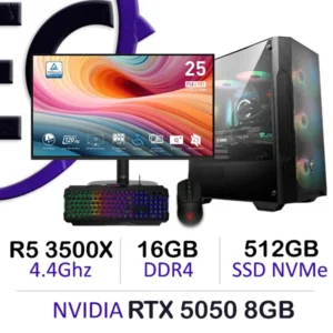 Complete Gaming Setup with Ryzen 5 3500X processor, RTX 5050 8GB graphics card, 16GB DDR4 RAM, 512GB NVMe SSD, MSI GM100 mouse, and GK100 keyboard.