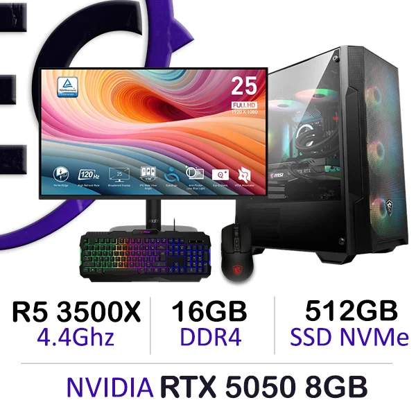 Complete Gaming Setup with Ryzen 5 3500X processor, RTX 5050 8GB graphics card, 16GB DDR4 RAM, 512GB NVMe SSD, MSI GM100 mouse, and GK100 keyboard.