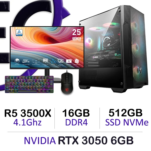 Full gaming setup including RTX 3050 PC, MSI 25-inch 120Hz monitor, RGB keyboard, and MSI GM100 mouse
