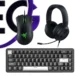 Gaming accessories combo with Razer DeathAdder mouse, Kraken X Lite headset, and RGB keyboard