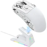ATTACK SHARK X1 (White & Grip Tape) wireless gaming mouse with ultra-light design and RGB charging dock.