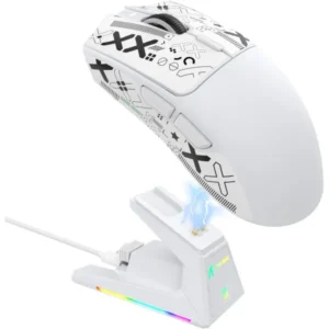 ATTACK SHARK X1 (White & Grip Tape) wireless gaming mouse with ultra-light design and RGB charging dock.