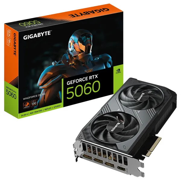 Gigabyte GeForce RTX 5060 WINDFORCE OC 8G graphics card with efficient cooling and powerful performance for gaming and content creation.