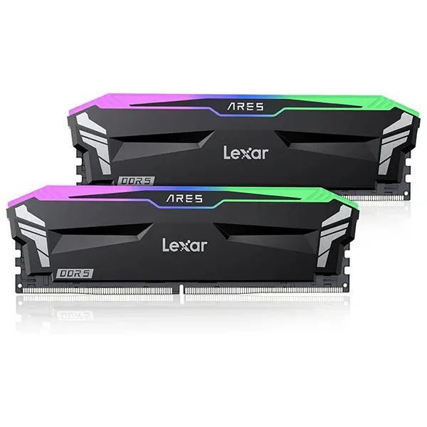 Lexar ARES RGB DDR5 32GB (2x16GB) 6400MHz CL32 RAM with vibrant RGB lighting.