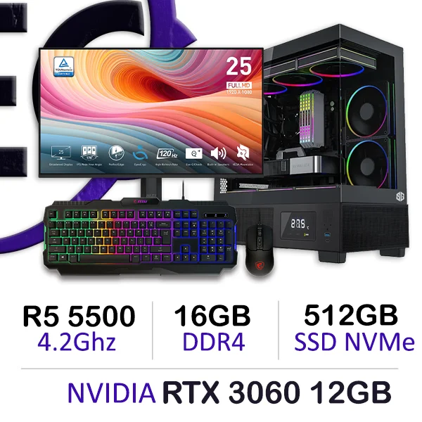 Ryzen 5 5500 RTX 3060 Gaming PC with tempered glass case, RGB lighting, and powerful components