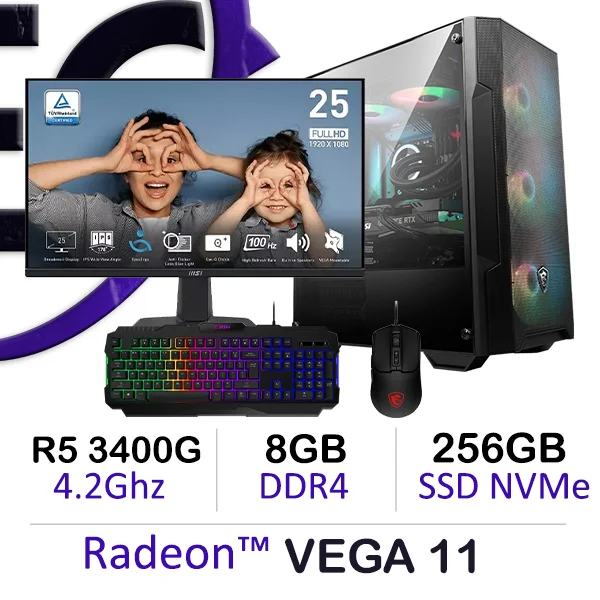 Complete gaming setup with Ryzen 5 3400G, VEGA 11 graphics, 8GB DDR4 RAM, and 256GB NVMe SSD for smooth performance and budget gaming.