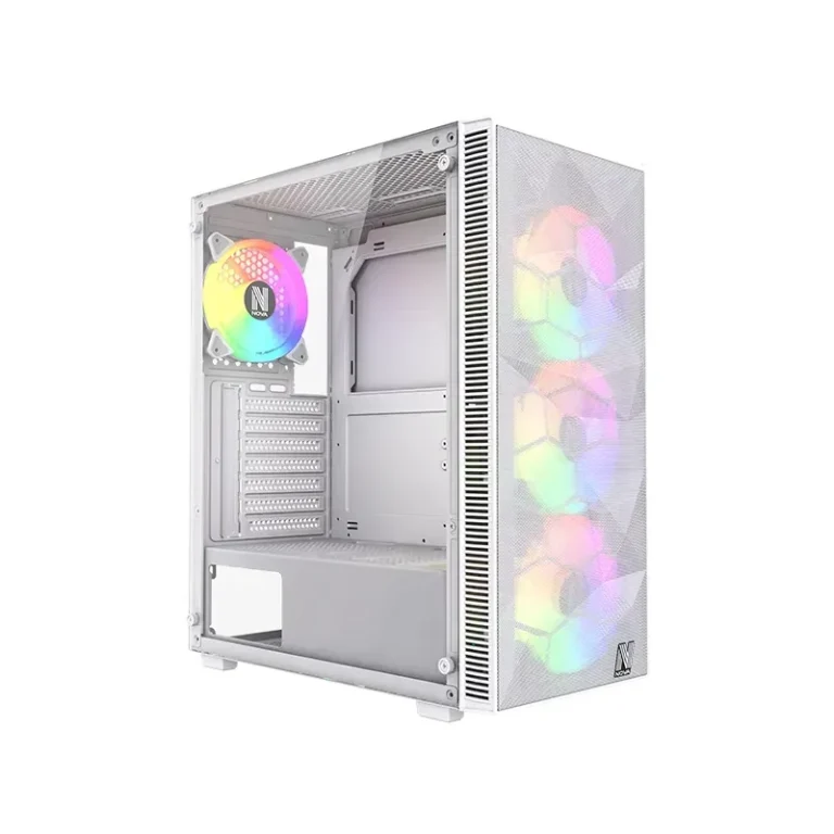 NOVA VANDAL V2 Blanc white gaming PC case with tempered glass side panel and ARGB fans