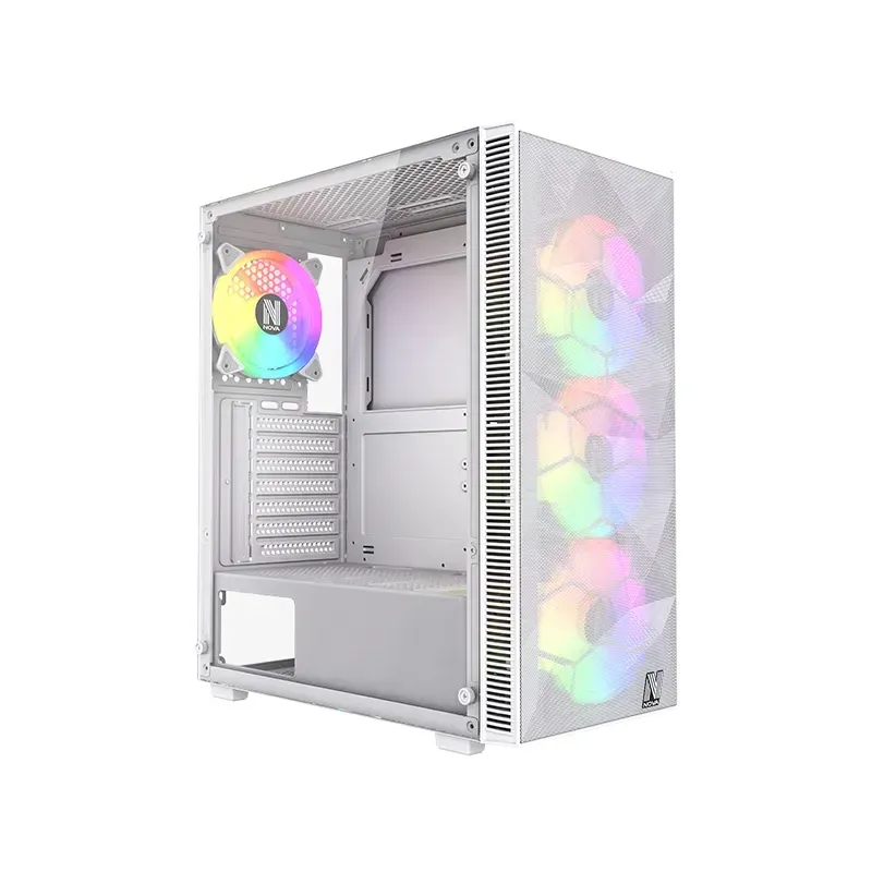 NOVA VANDAL V2 Blanc white gaming PC case with tempered glass side panel and ARGB fans