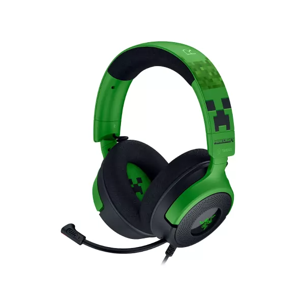 Razer Kraken V4 X Minecraft Edition headset with Creeper design and Chroma RGB lighting
