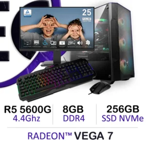 Alt Text Image: Complete gaming PC setup with Ryzen 5 5600G, Radeon Vega 7 graphics, 25-inch 100Hz monitor, MSI keyboard, and mouse