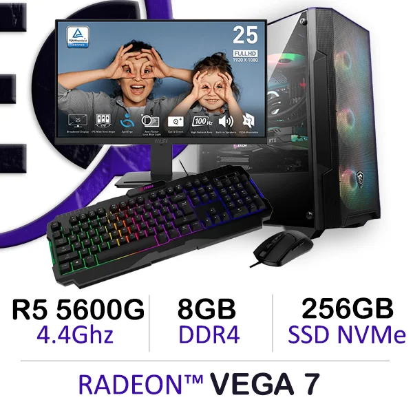 Alt Text Image: Complete gaming PC setup with Ryzen 5 5600G, Radeon Vega 7 graphics, 25-inch 100Hz monitor, MSI keyboard, and mouse
