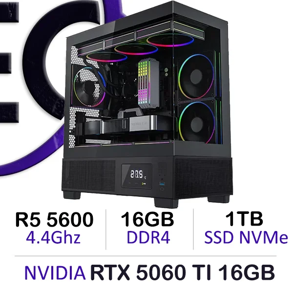 Ultra PC Series Ryzen 5 5600 gaming desktop with RTX 5060 Ti graphics and RGB lighting
