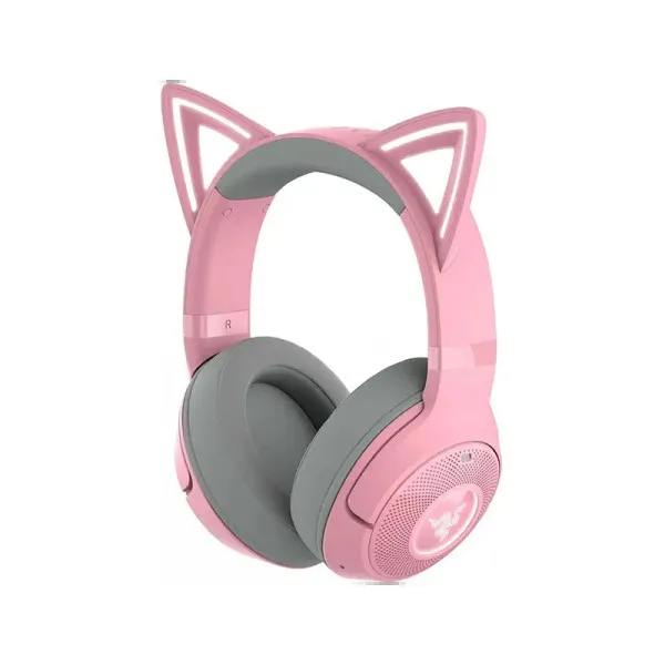 Razer Kraken Kitty V2 BT Quartz wireless headset with pink kitty ears and RGB lighting