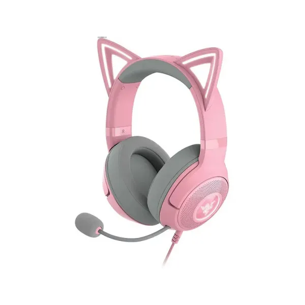 Razer Kraken Kitty V2 Quartz gaming headset with pink kitty ears and RGB lighting