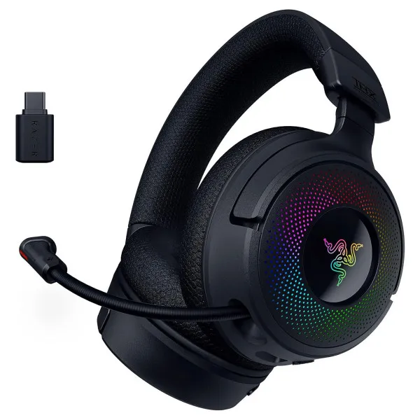 Razer Kraken V4 gaming headset with RGB lighting, TriForce Titanium drivers, and wireless connectivity