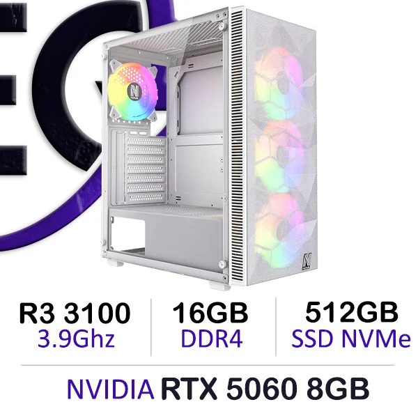 Powerful Gaming PC White Ryzen 3 3100 RTX 5060 with 16GB DDR4 and 512GB NVMe
