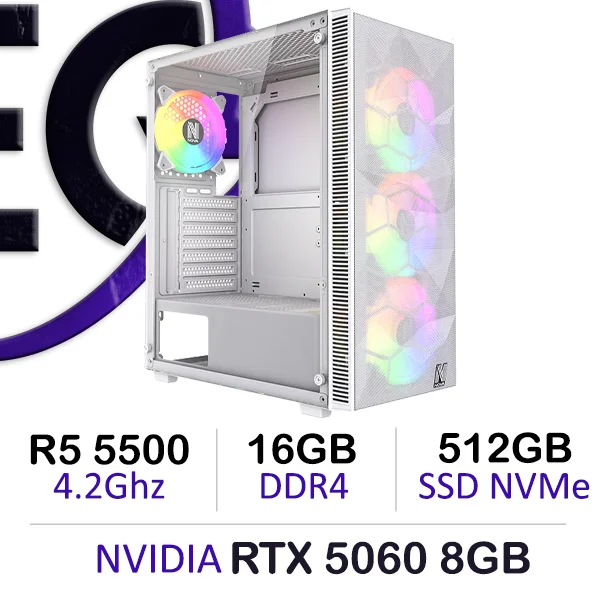 Powerful Gaming PC White Ryzen 5 5500 RTX 5060 with 16GB DDR4 and 512GB NVMe