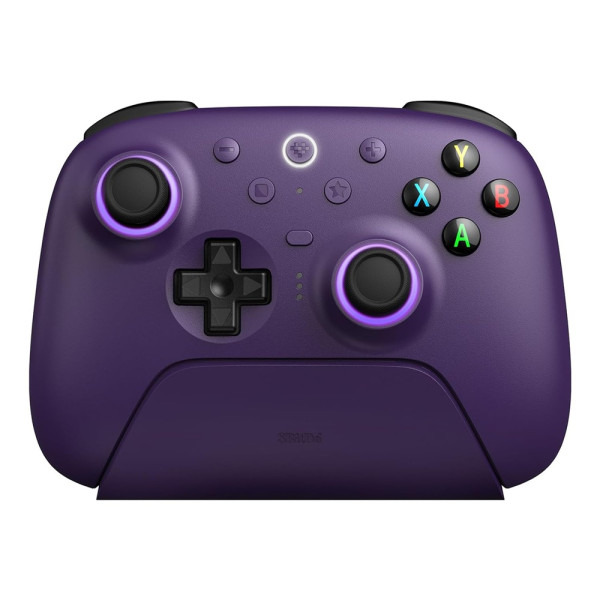 8BitDo Ultimate 2 Wireless controller in purple, featuring ergonomic grips and responsive buttons.