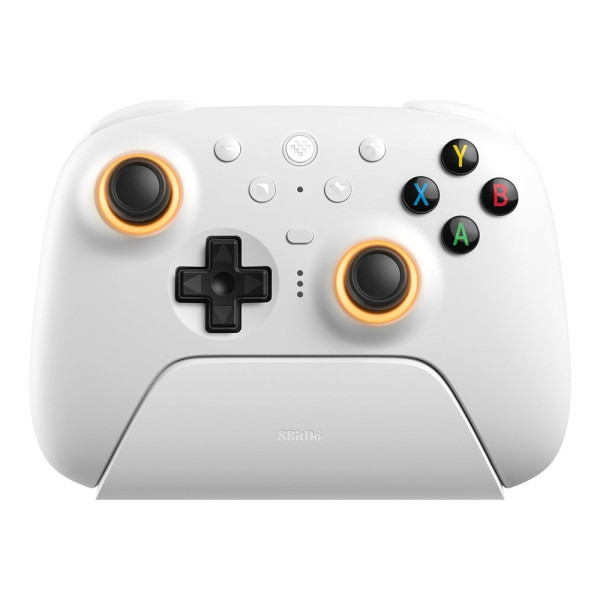 8BitDo Ultimate 2 Wireless controller in white, featuring Hall effect joysticks and ergonomic design.