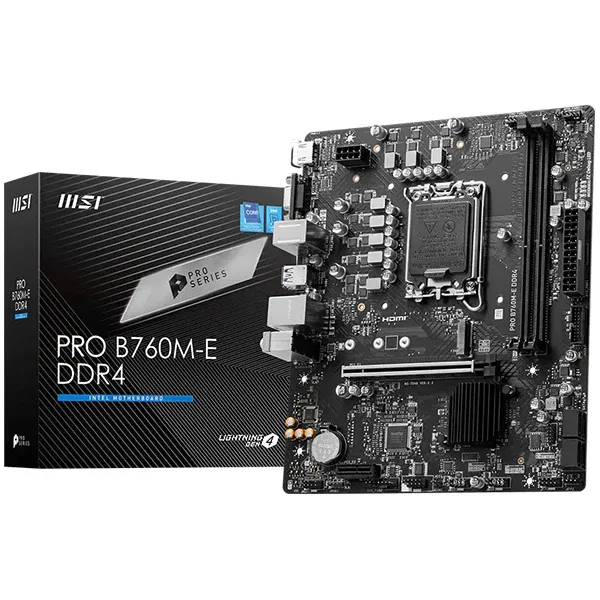 MSI PRO B760M-E DDR4 Micro-ATX Motherboard with Intel B760 chipset.