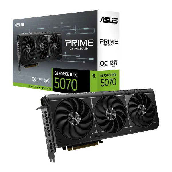 ASUS PRIME GeForce RTX 5070 12GB GDDR7 OC Edition gaming graphics card with advanced triple-fan cooling.