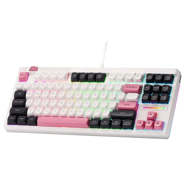 Redragon K729 OTIM Mechanical Keyboard in white, black, and pink color options with RGB lighting.